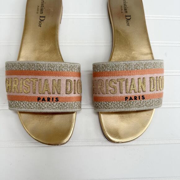 Christian Dior Dway 52K Platinum Gold Embroidered Logo Slide Mule Flat Sandal - Picture 4 of 8